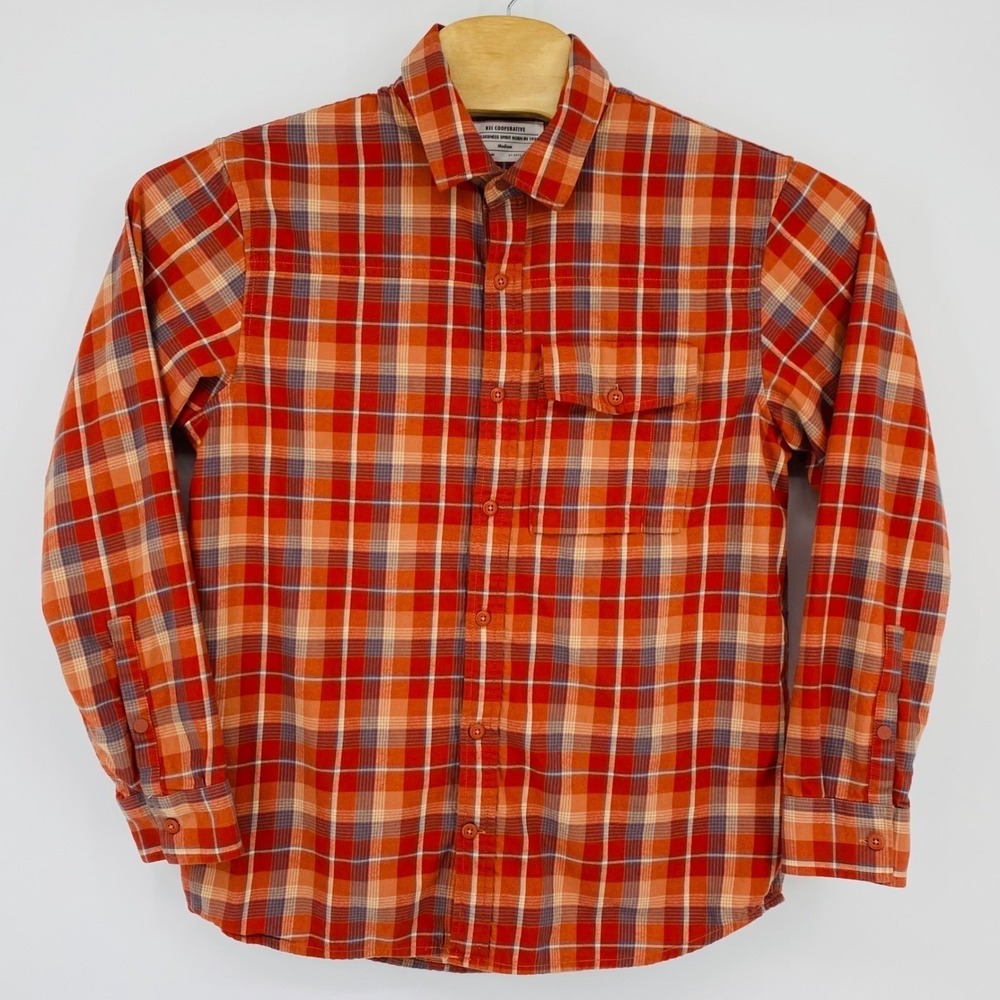 REI‎ Co-op Mens Medium Orange Plaid Long Sleeve Cotton Button Down Shirt